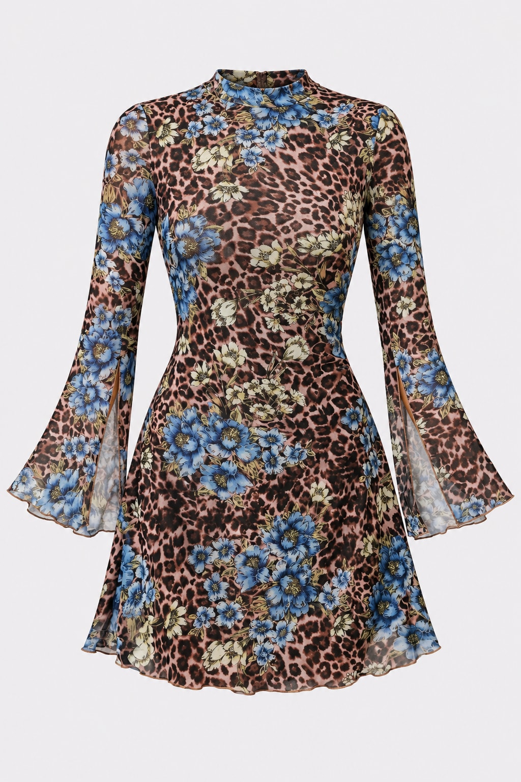 Mesh Mini Dress Floral Print Mock Neck - 1