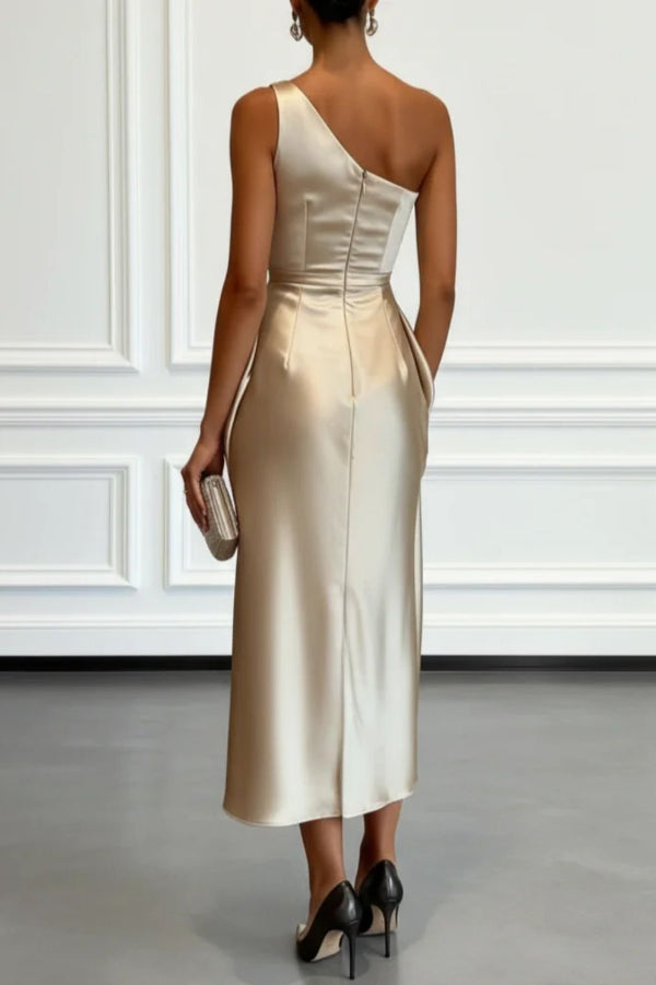 Satin one-shoulder midi dress with pleated waist - view 6