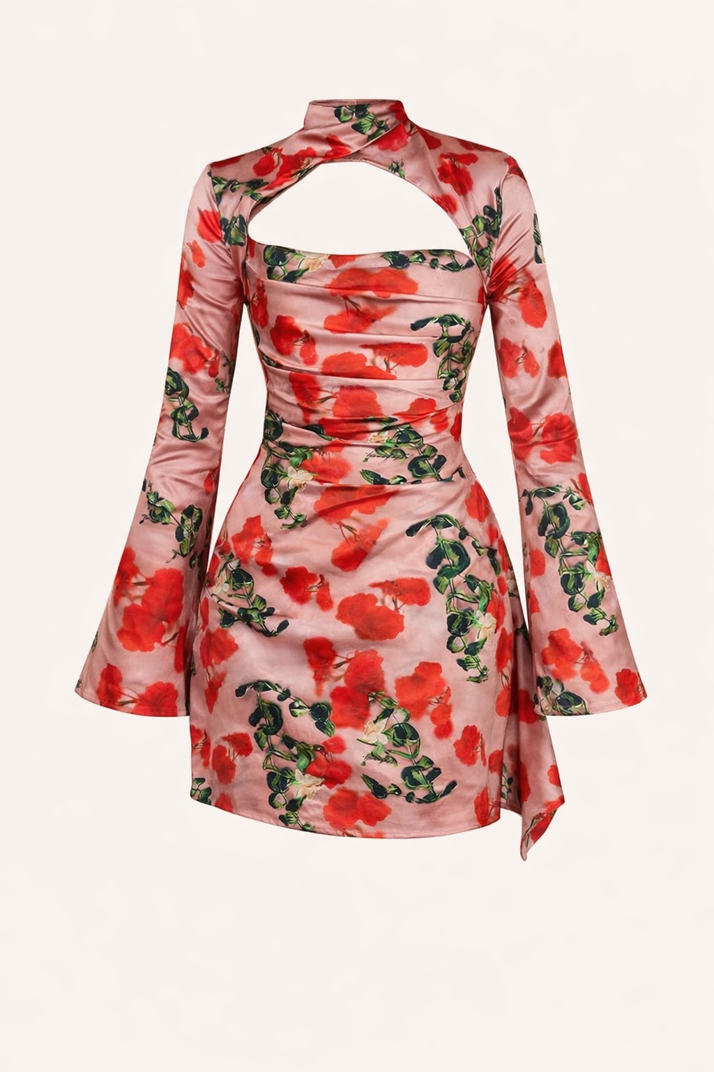 Satin Short Dress with Long Sleeves & Front Cutout - 1