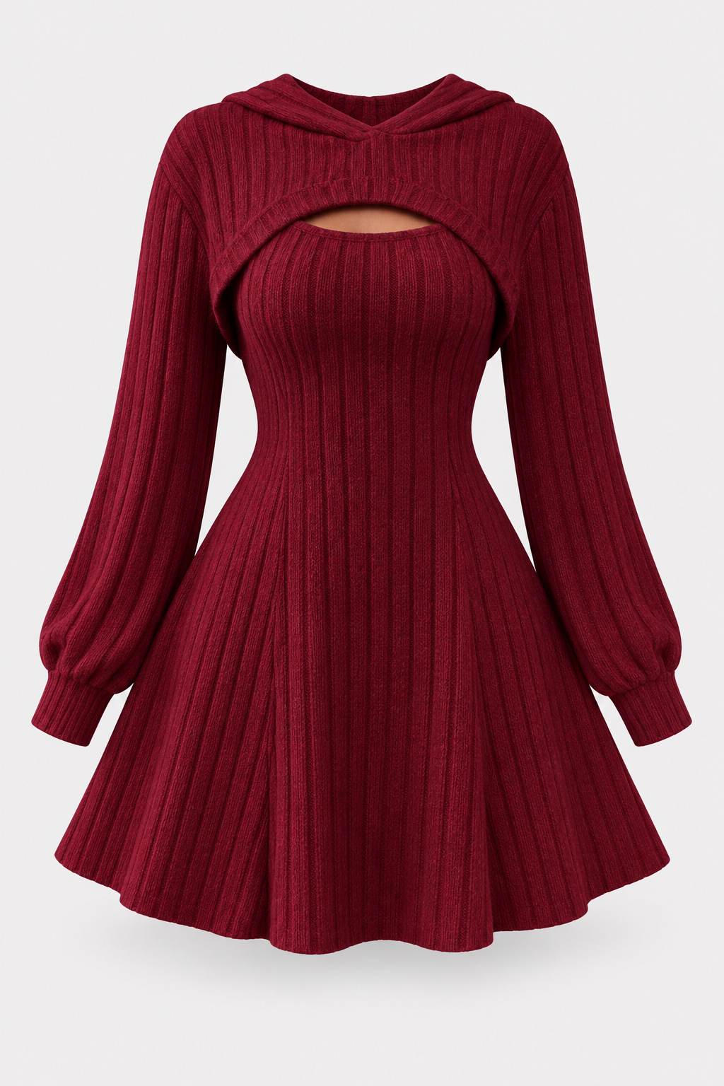 Ribbed Knit Dress Set With Cropped Hoodie - 6