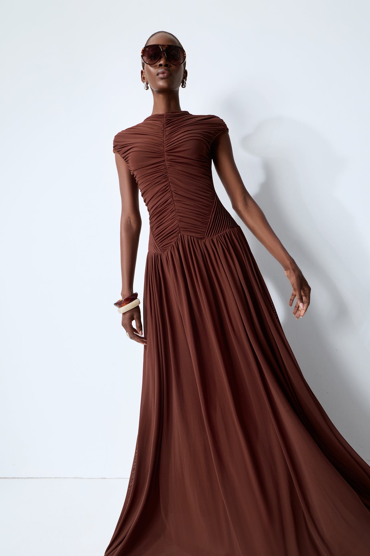 Brown Ruched Knit Maxi Dress, High Neck - view 5