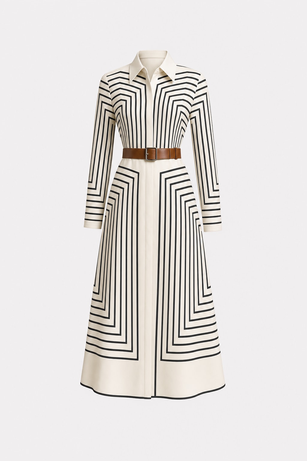 Printed Long Sleeve Maxi Dress With Turn-Down Collar - 1
