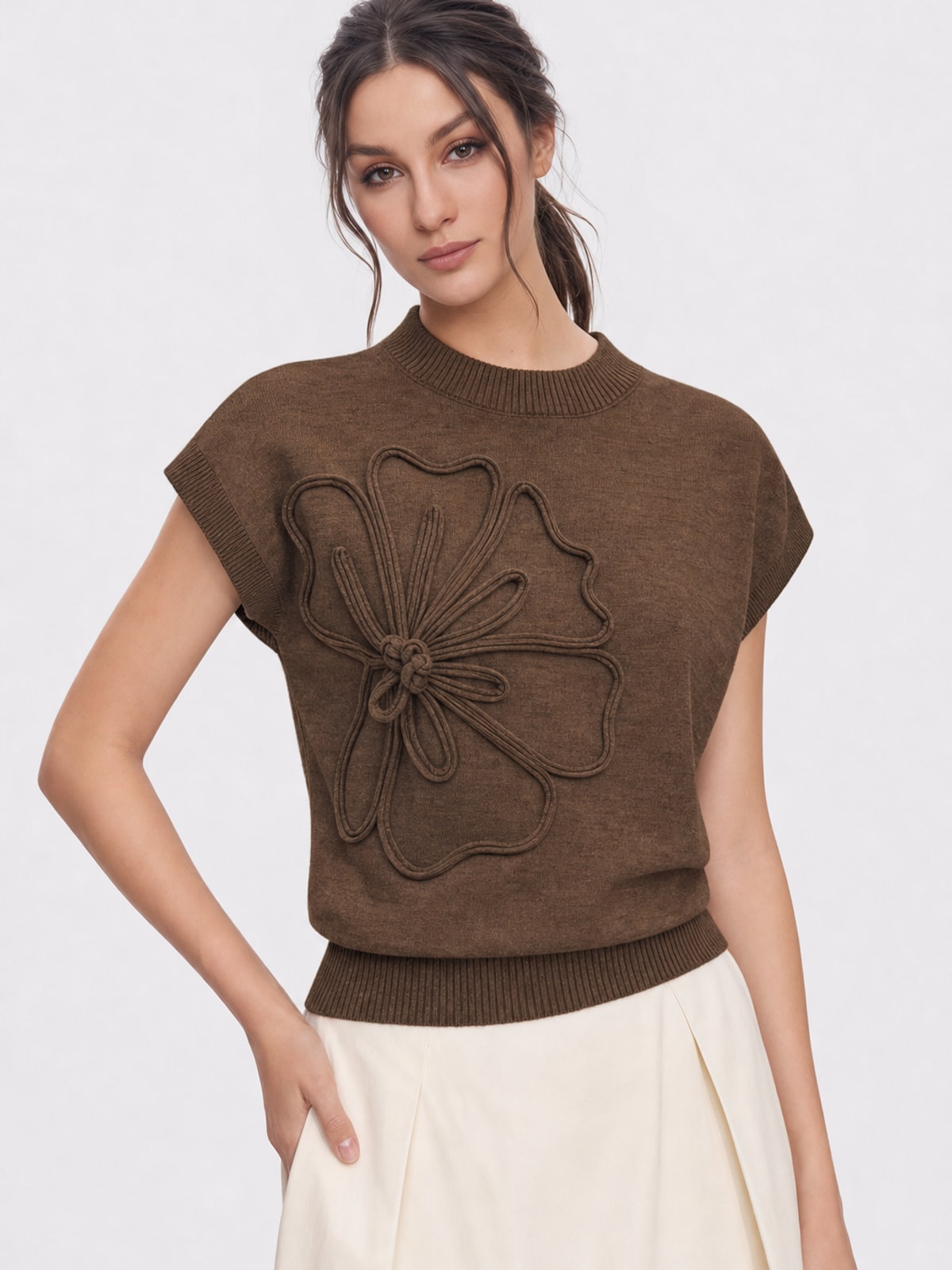 Knit Cap Sleeve Flower Applique Top - 6