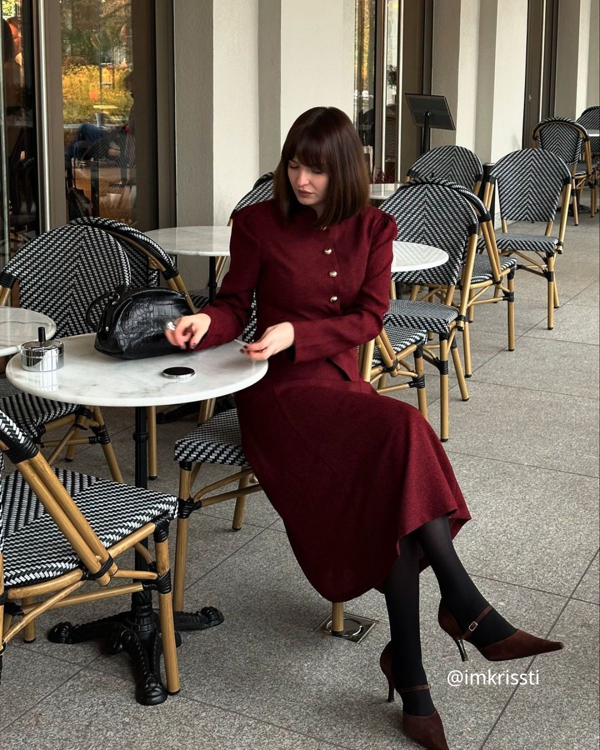 Burgundy Tweed Blazer with Puff Sleeves - view 5
