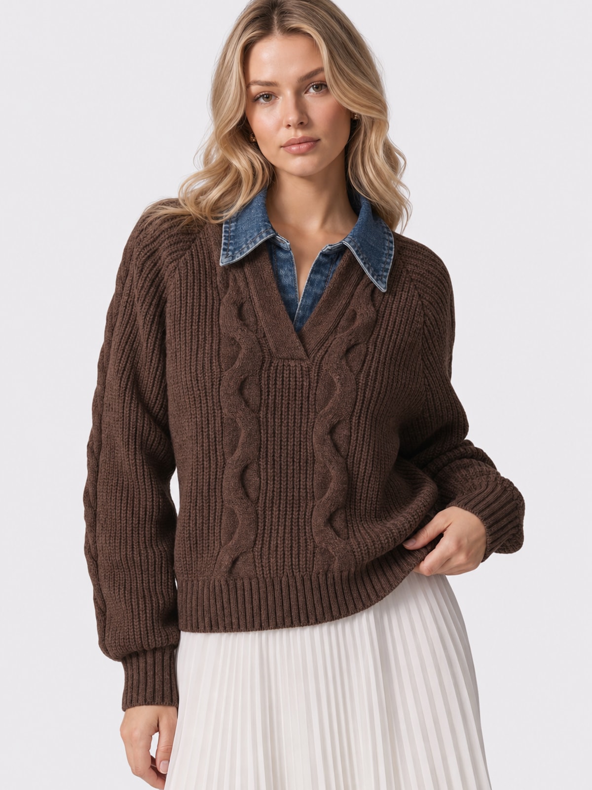 Denim Panel Sweater With Ribbed Lapel - 8