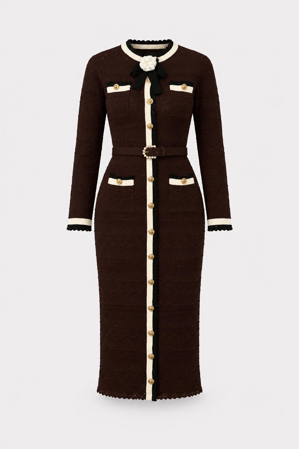 Textured Knit Midi Dress With Contrast Trim - 1