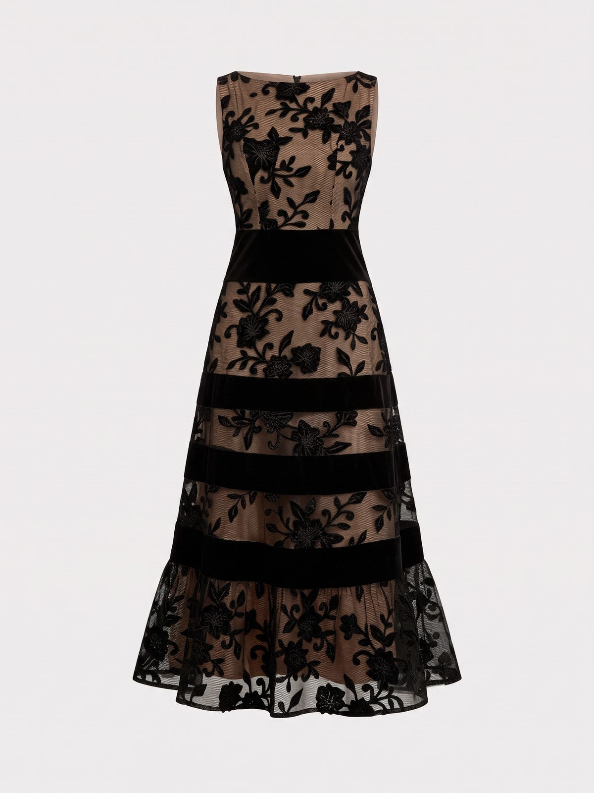 Mesh Lace Colorblock Boat Neck A-Line Midi Dress - 1