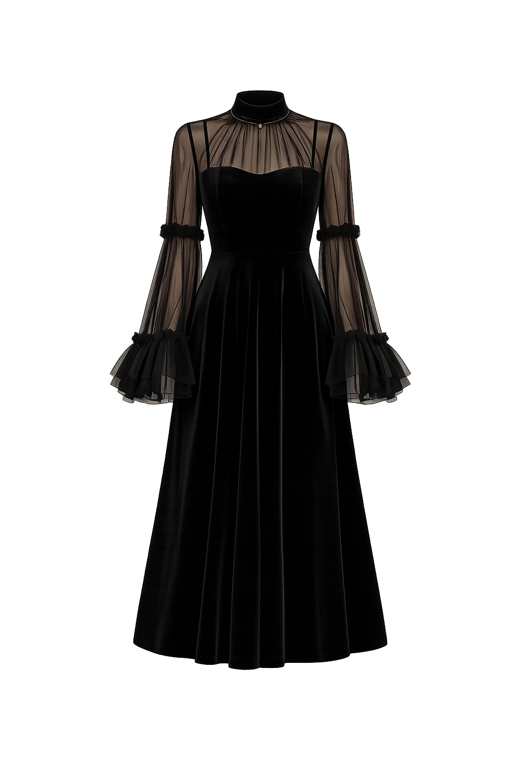 Velvet Midi Dress With Sheer Long Sleeves - 1