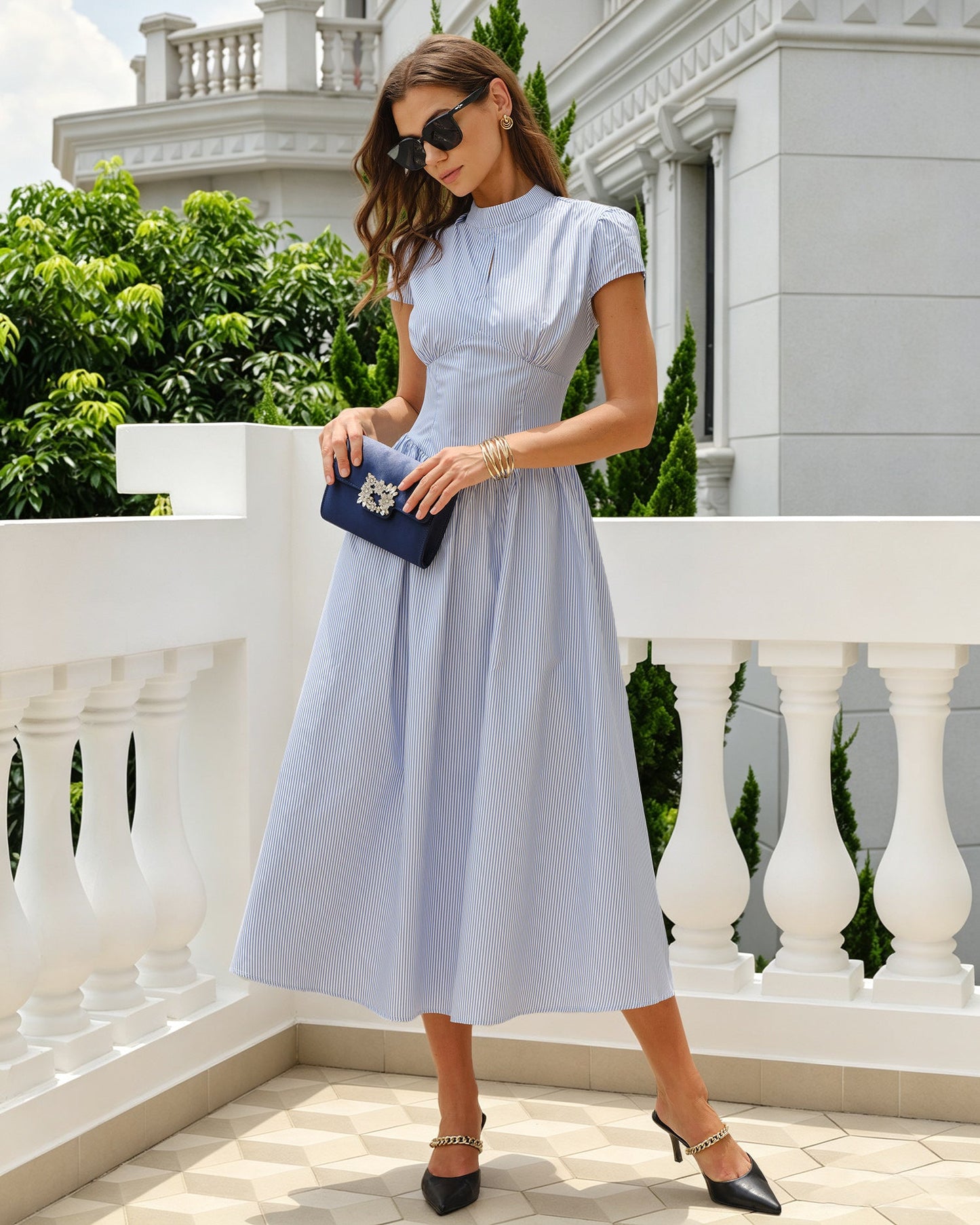 Blue Striped Mock Neck Midi Dress - view 5