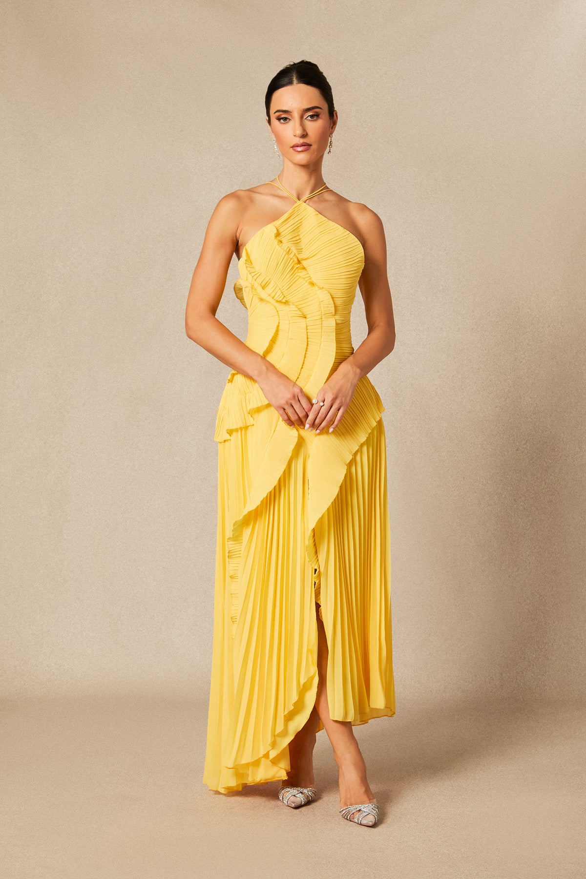 Chiffon Pleated Halterneck Midi Dress - 8
