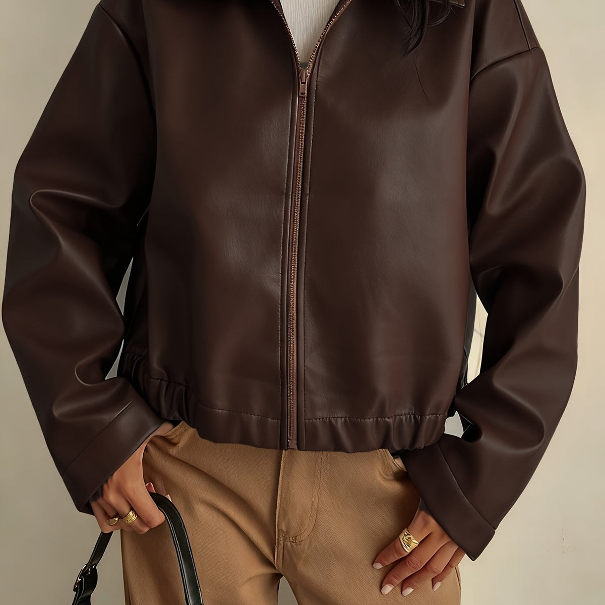Cropped Faux Leather Zip Jacket with Collar - view 8
