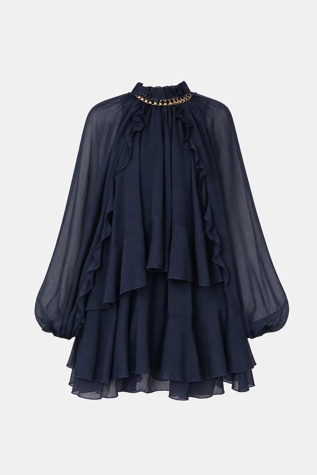 Tiered Ruffle Chiffon Mini Dress, Long Sleeve - view 7