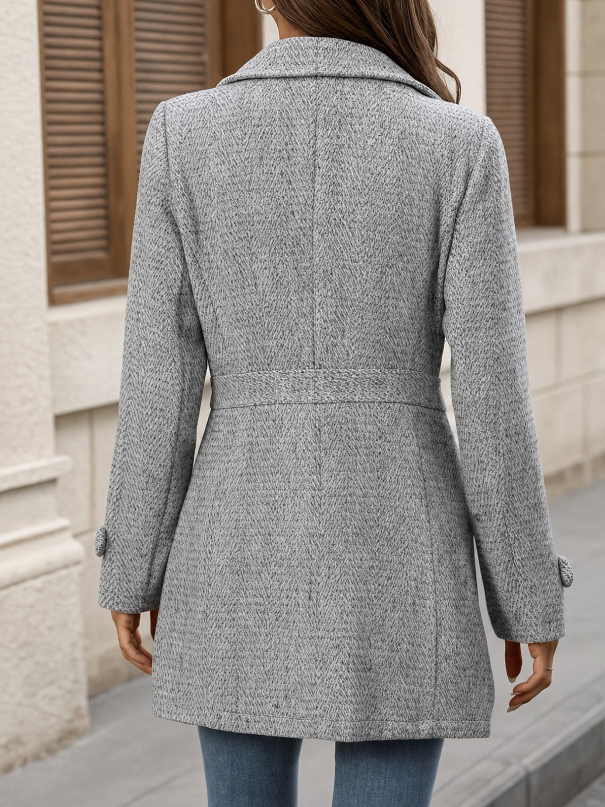 Elegant Herringbone Coat With Waist Defining Tailored Fit - 6
