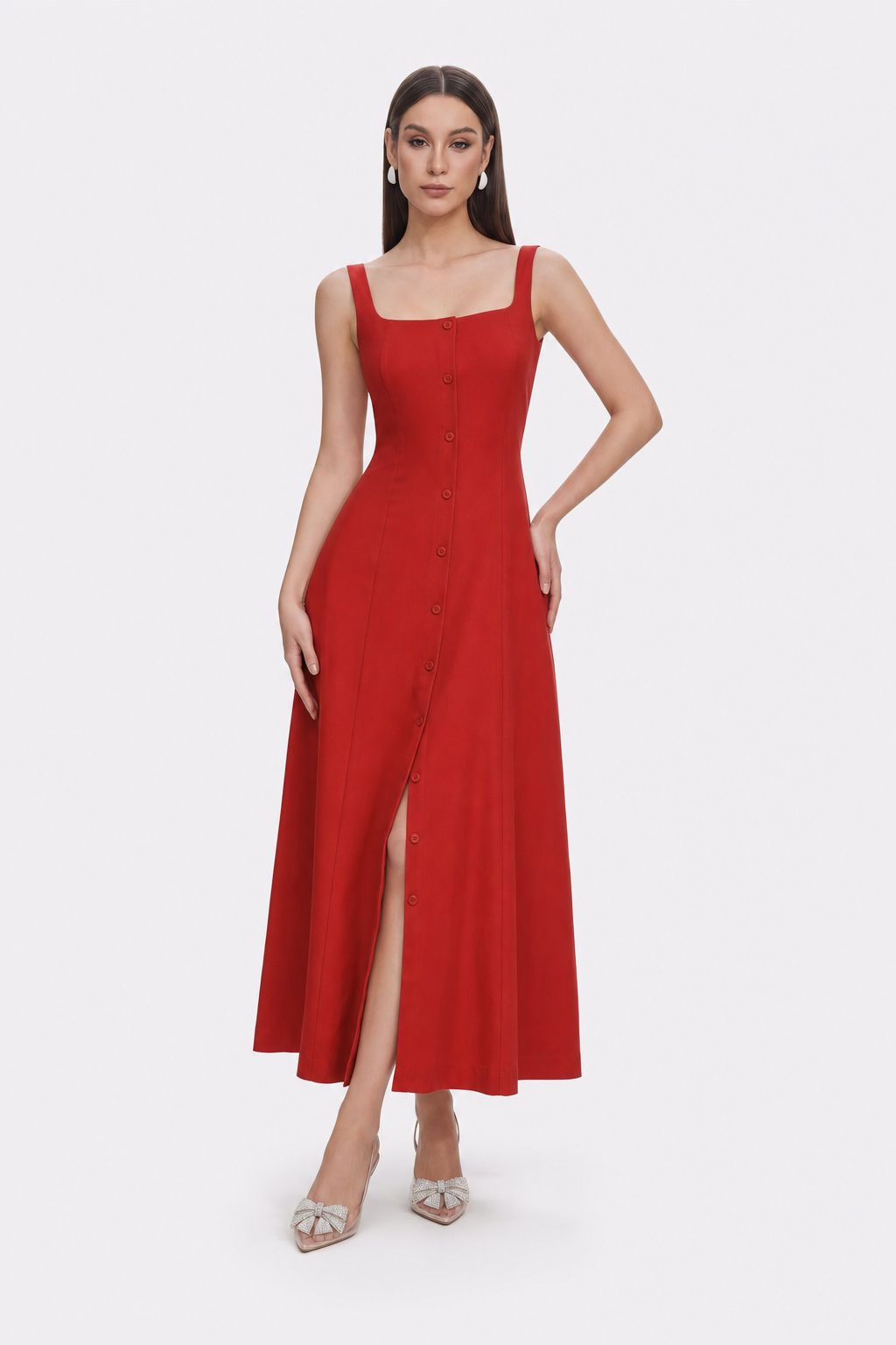 Red Square Neck Maxi Dress With Structured A-Line Fit - 2