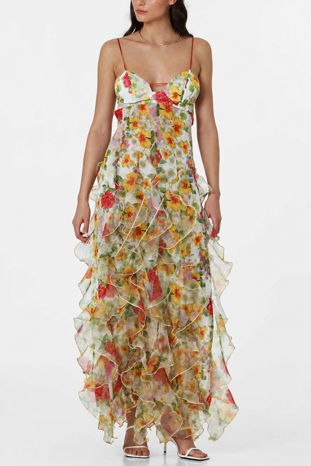 Blue Floral Tiered Ruffle Chiffon Maxi Dress - view 5