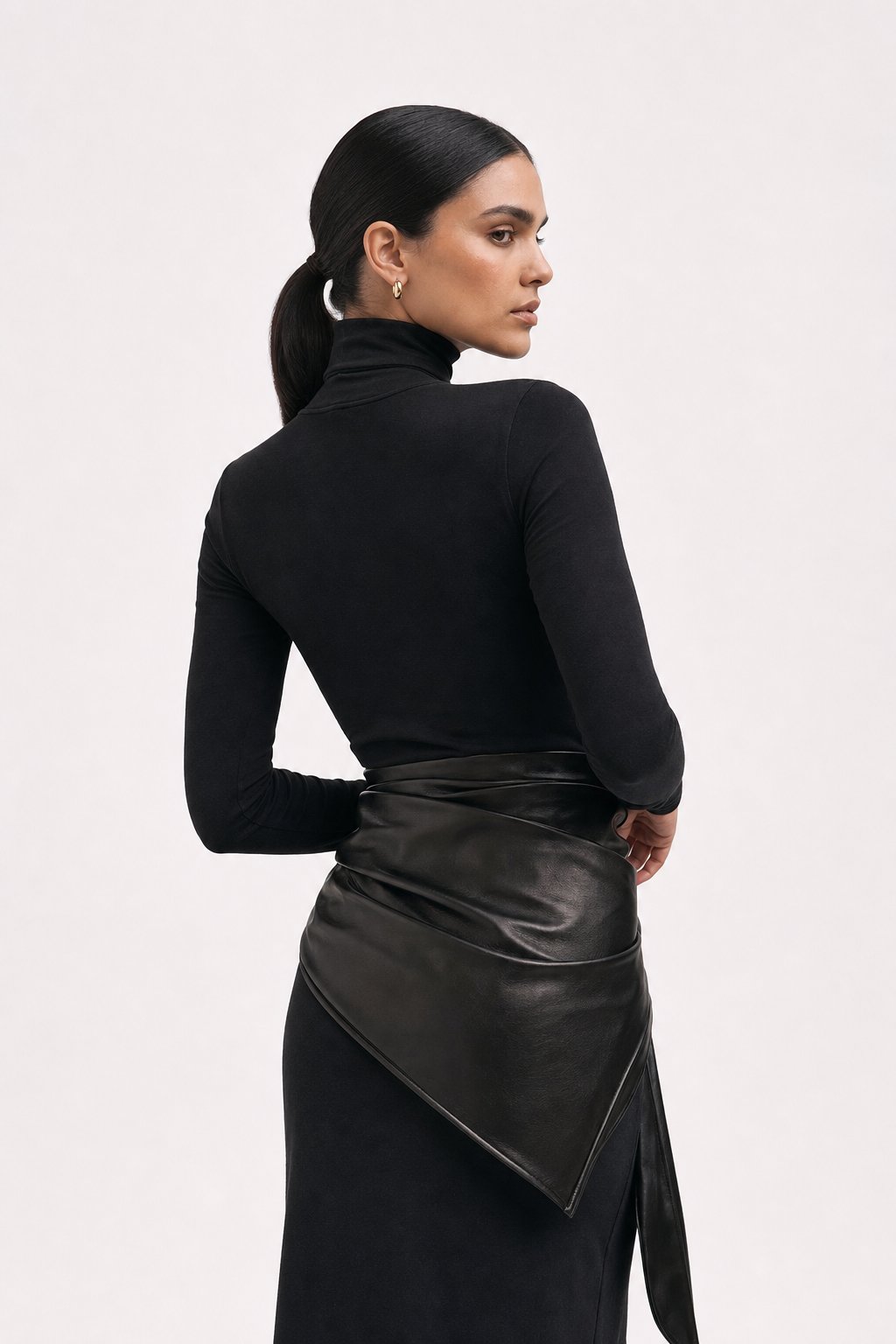 Faux Leather Belted Turtleneck Maxi Dress - view 5