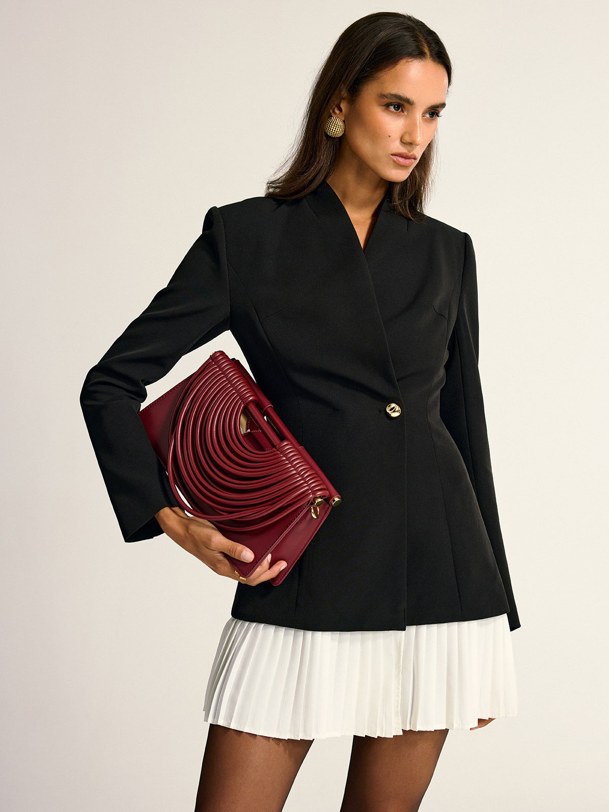 Black woven blazer dress with pleated hem - view 5