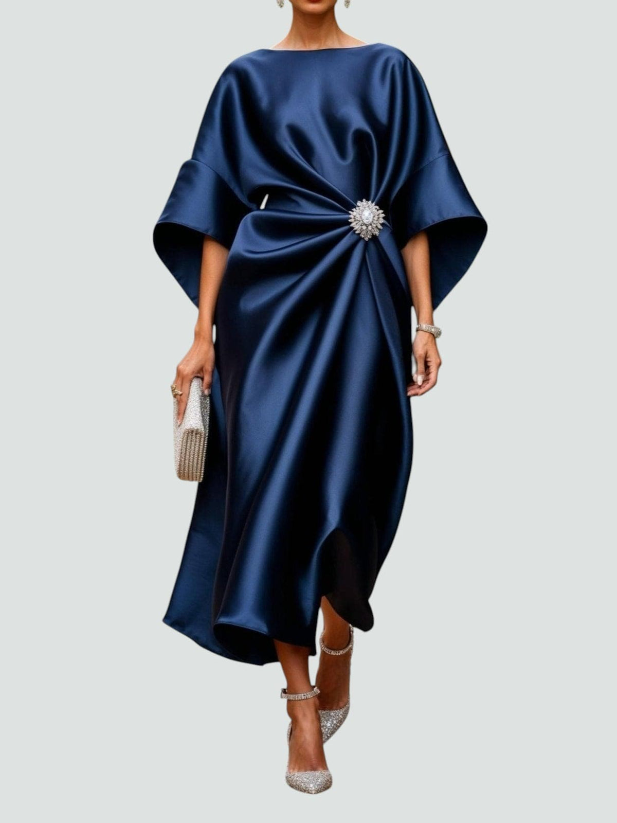 Satin maxi dress with draped cape sleeves - view 7