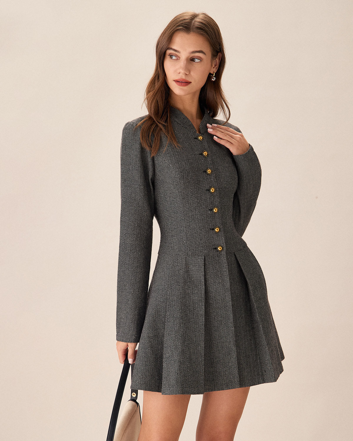 Grey Pleated Button-Front Mini Dress - view 5