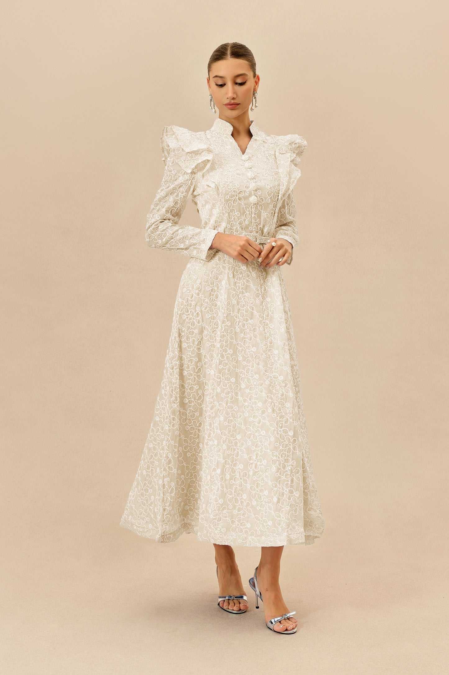 Beige floral embroidery belted maxi dress - view 5