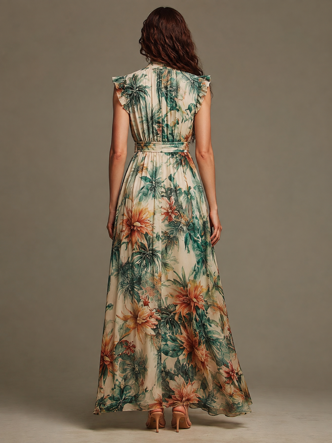 Green Botanical Chiffon Maxi Dress, Ruffle V-Neck - view 4