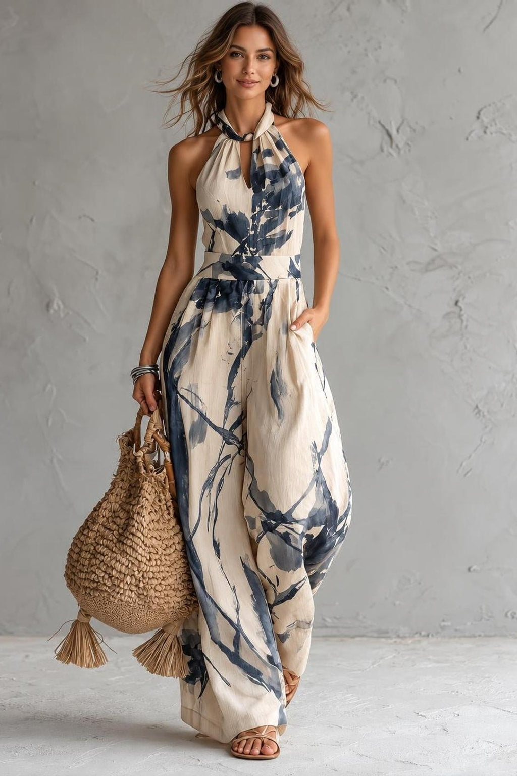 Halter Neck Jumpsuit With Artistic Print - 2