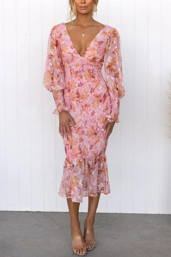 Floral Smocked Waist Midi Dress, Long Sleeve - view 2