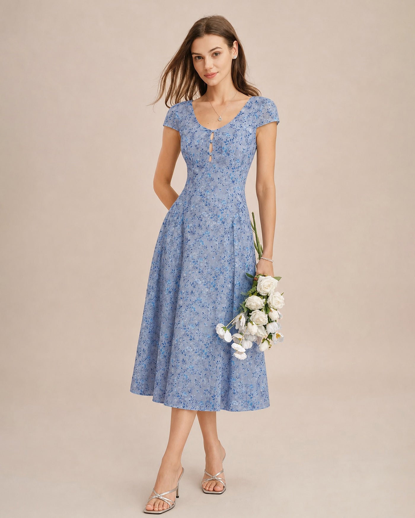 Blue Floral A-Line Button-Front Midi Dress - view 5