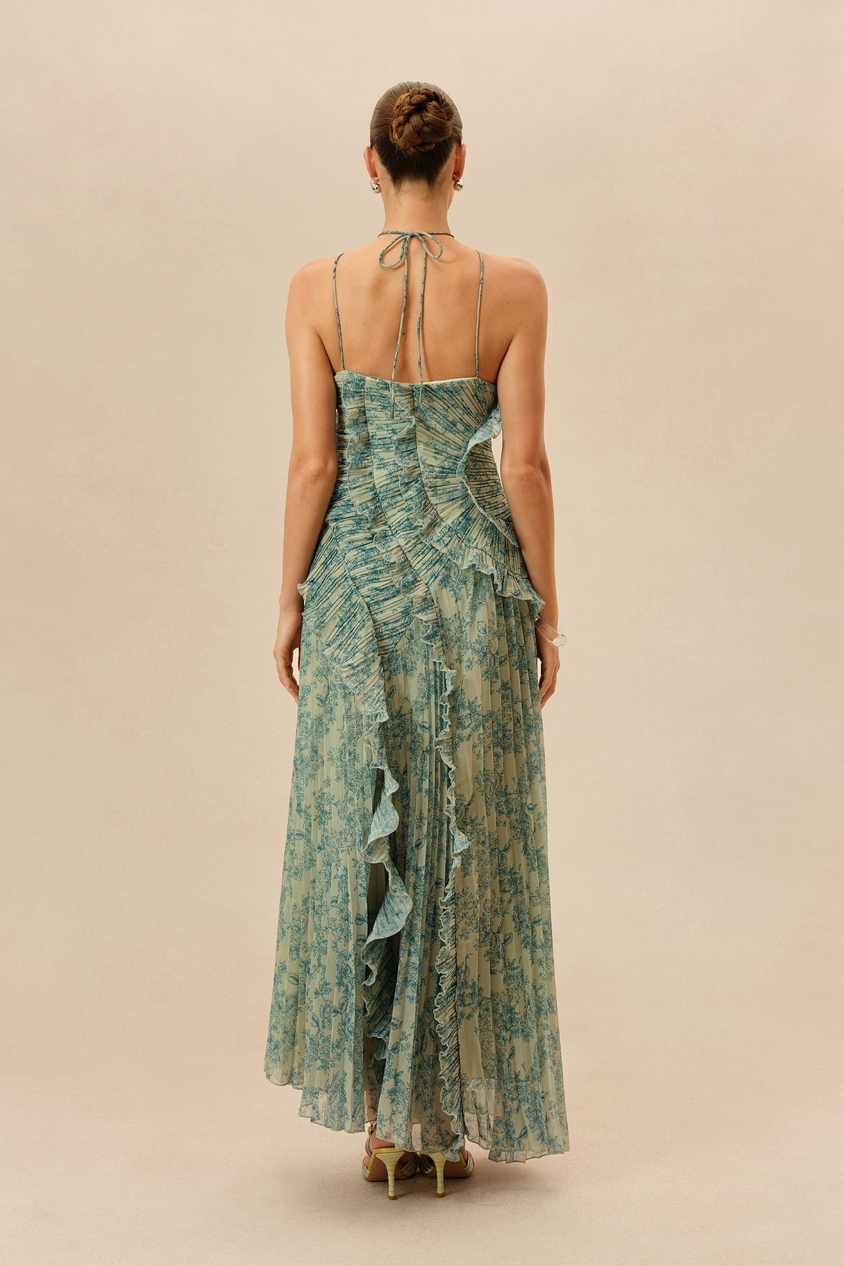 Floral Print Chiffon Maxi Dress With Ruffle Trim & Halter Tie - 4