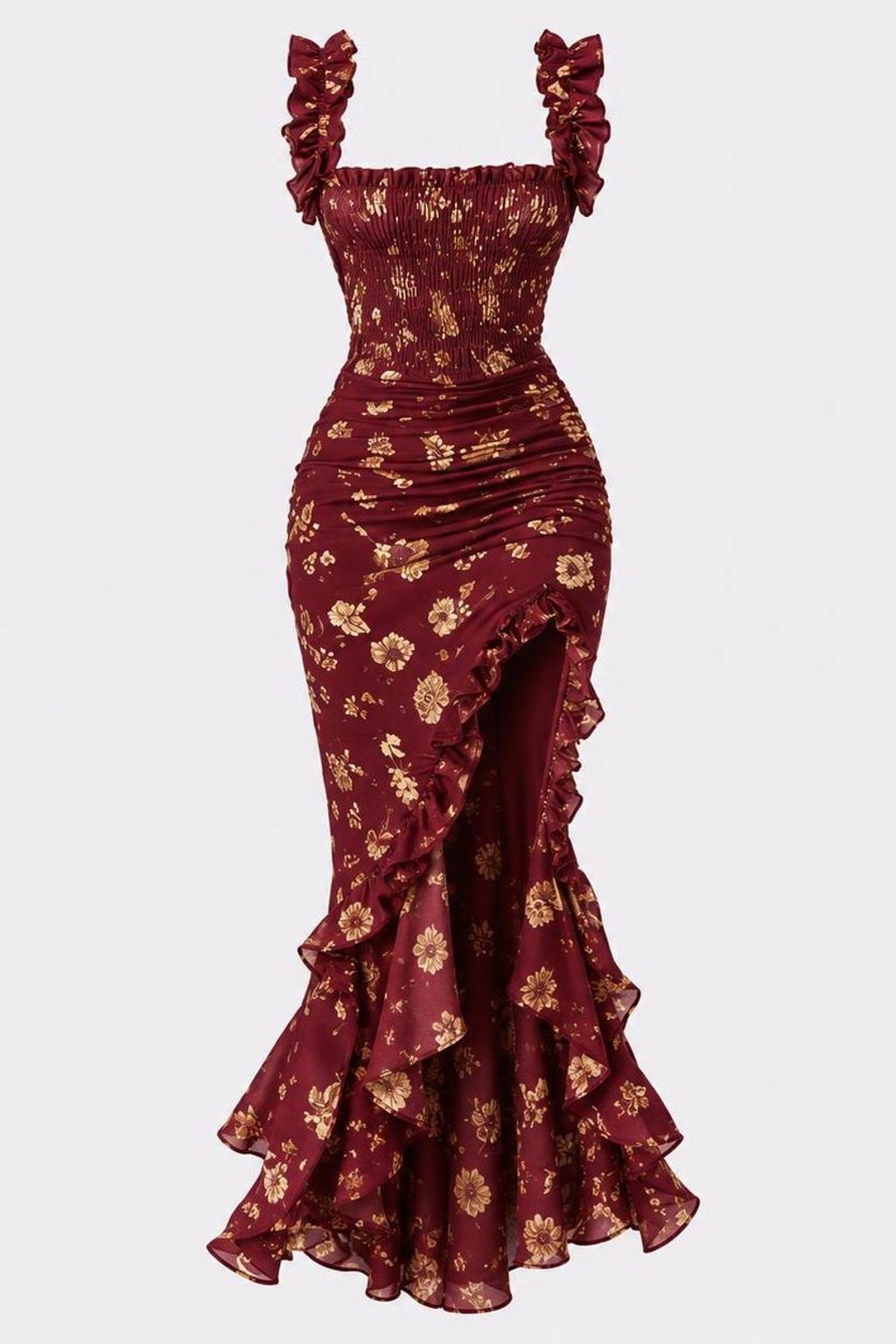 Maxi Dress With Ruched High Slit - 1