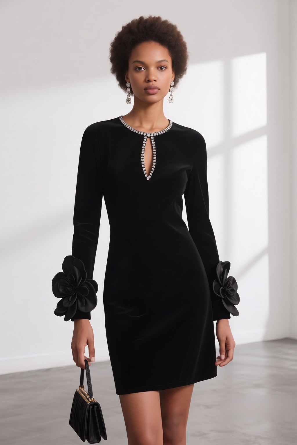 Velvet Sheath Mini Dress With Rhinestone Detail - 2