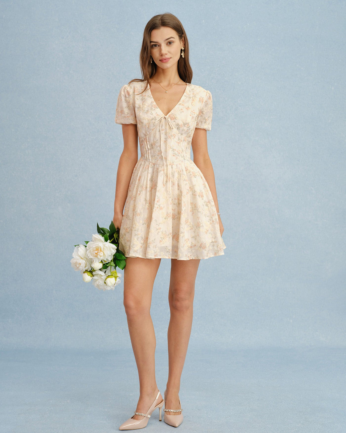 Floral Tie-Neck Mini Dress With Puffed Sleeves - 2