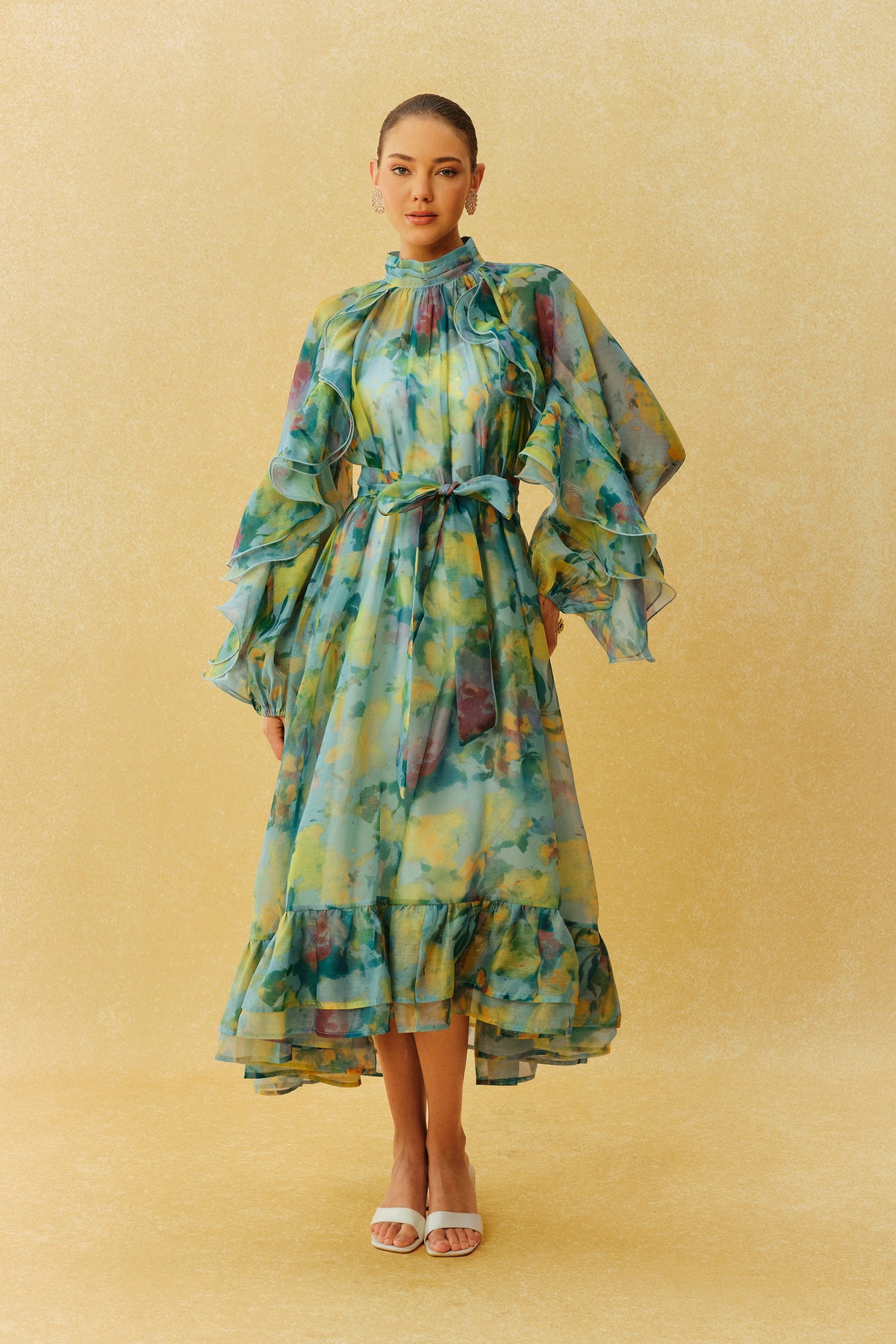 Terylene Ruffle Sleeve High Neck Midi Dress - 2