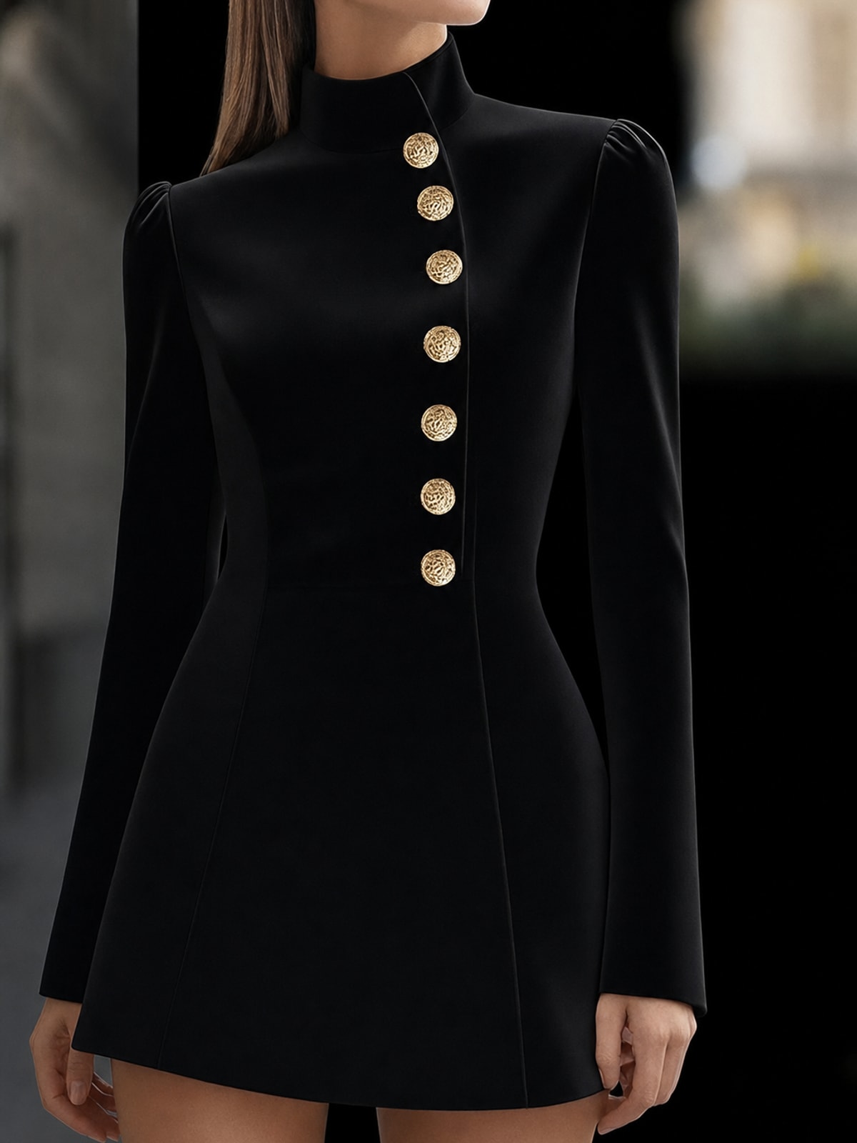 Polyester Stand Collar Long Sleeve Mini Dress - 4