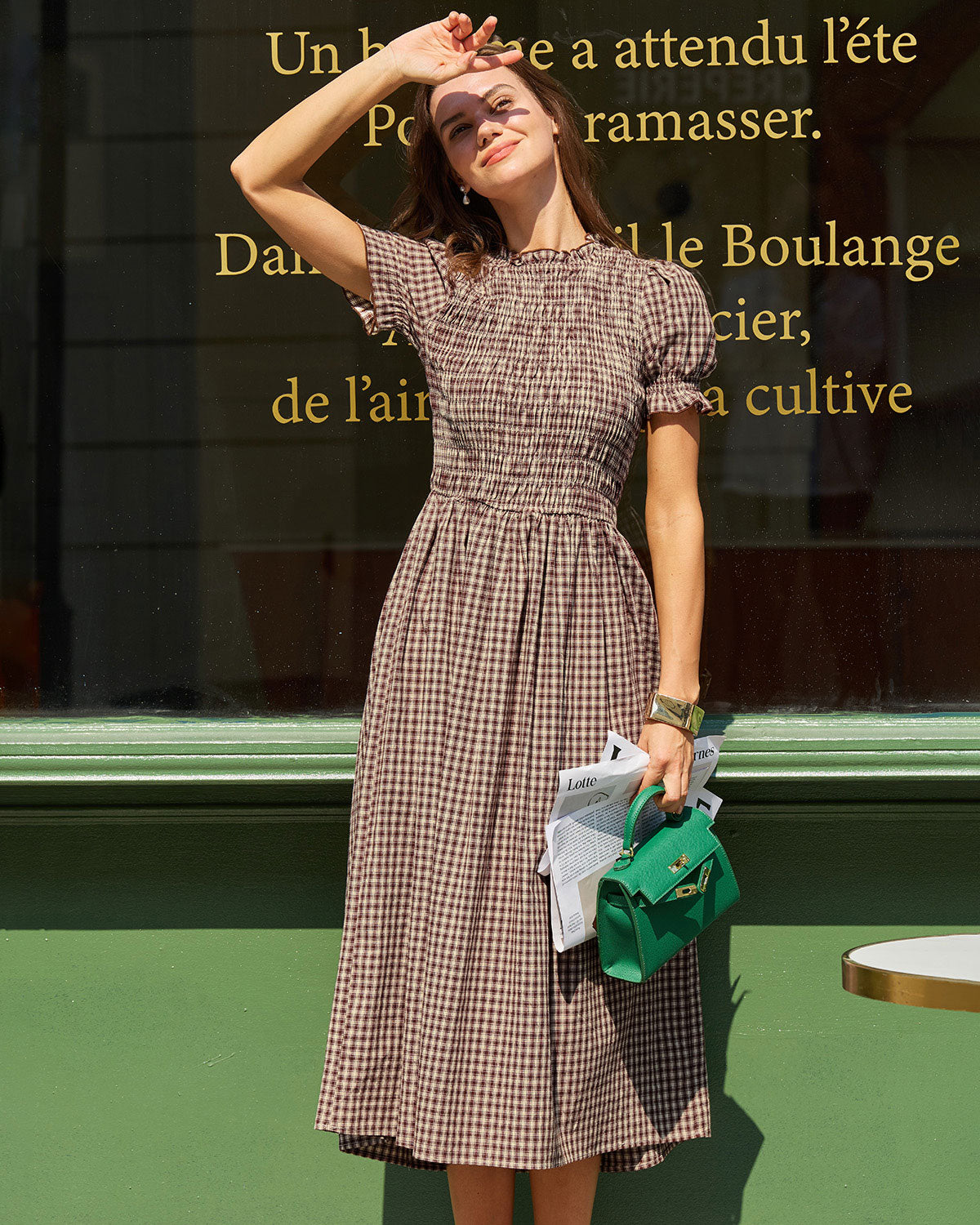 Plaid Puffed Sleeve Shirred Waist Midi Dress - view 5