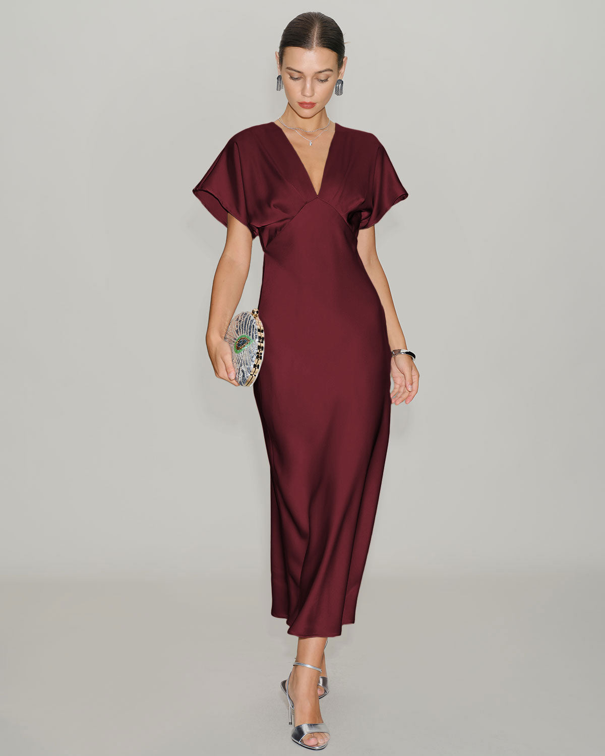 Satin Midi Dress With Cowl Neckline Wine Red A-Line - 5