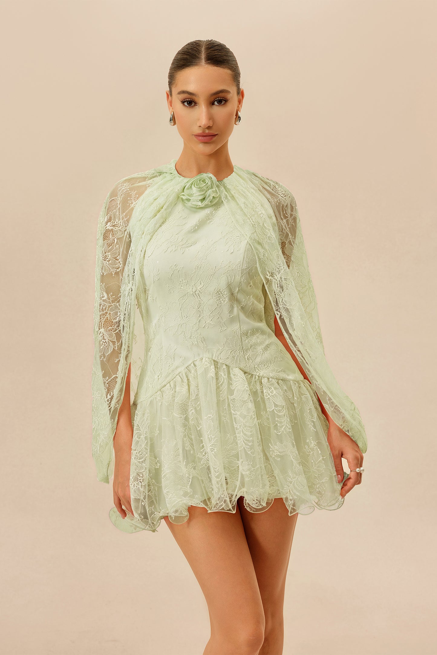 Light Green Lace Mini Dress with Cape Sleeves - view 5