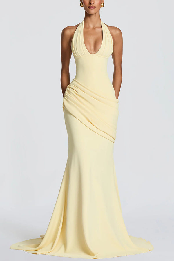 Crepe Halter Maxi Dress with Lace-Up Back - view 6