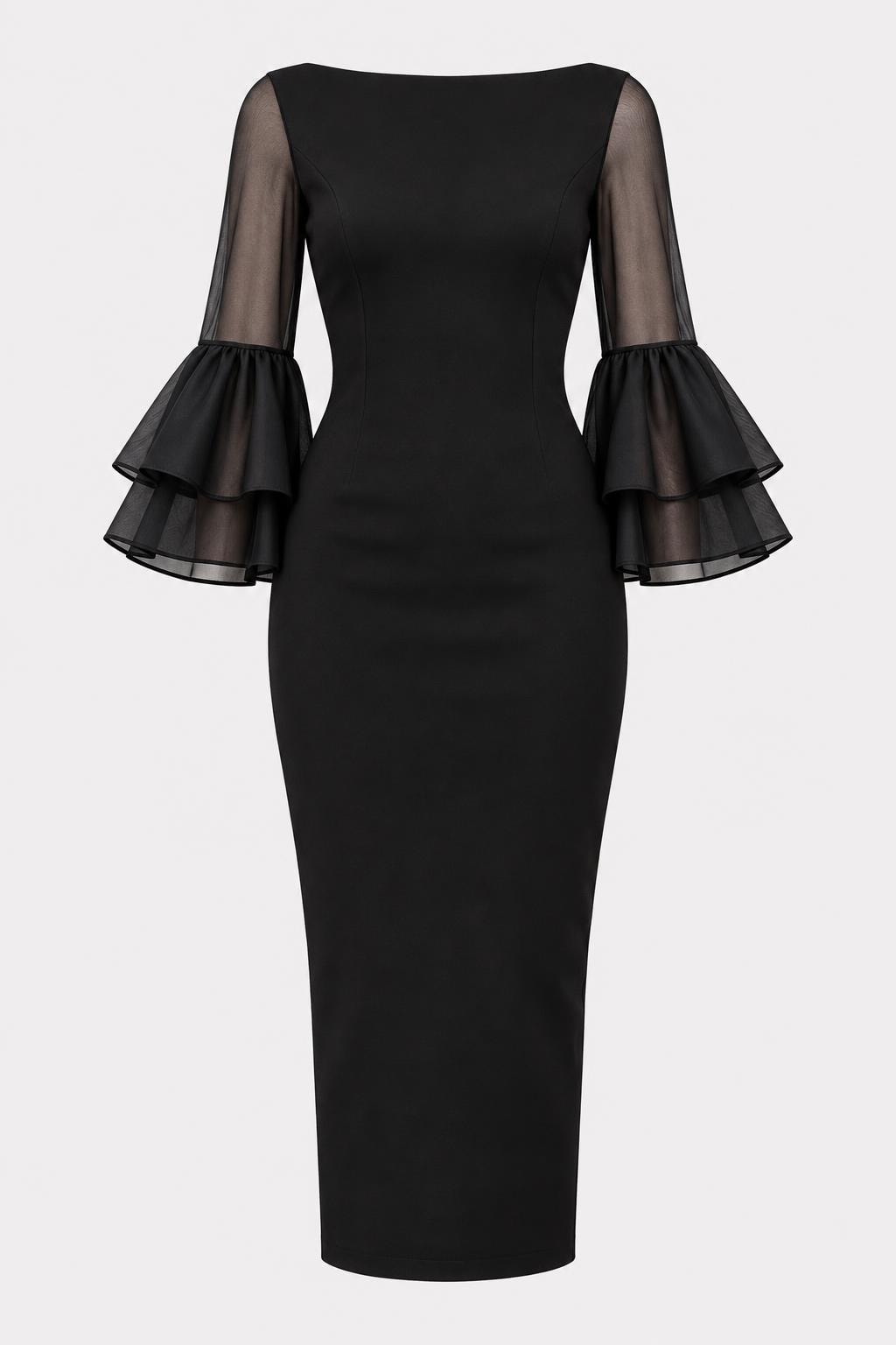 Polyester Bodycon Midi Dress With Bell Sleeves - 1