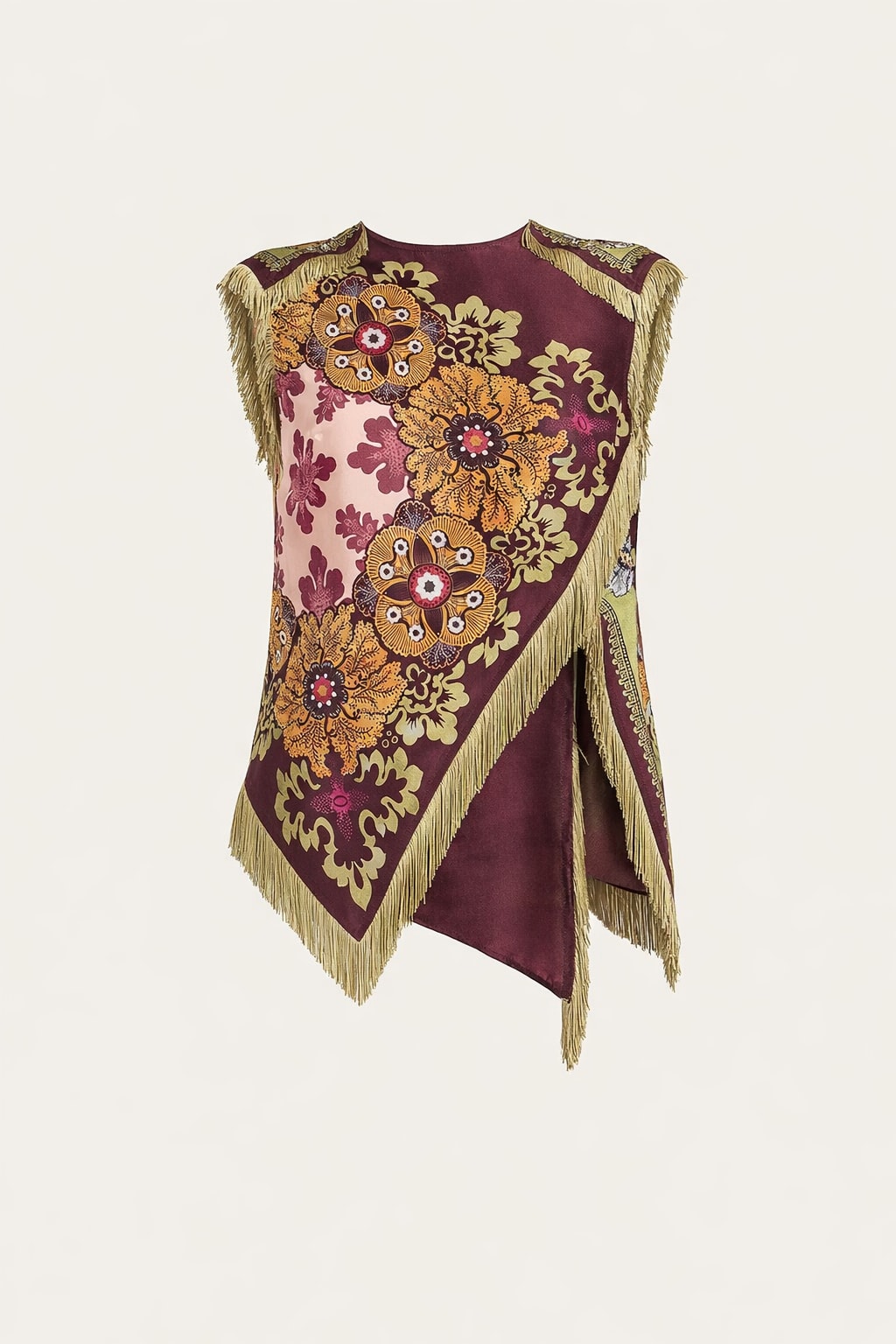 Burgundy silky scarf-print top with gold and olive floral medallions, a pointed handkerchief hem and olive fringe trim along the edges