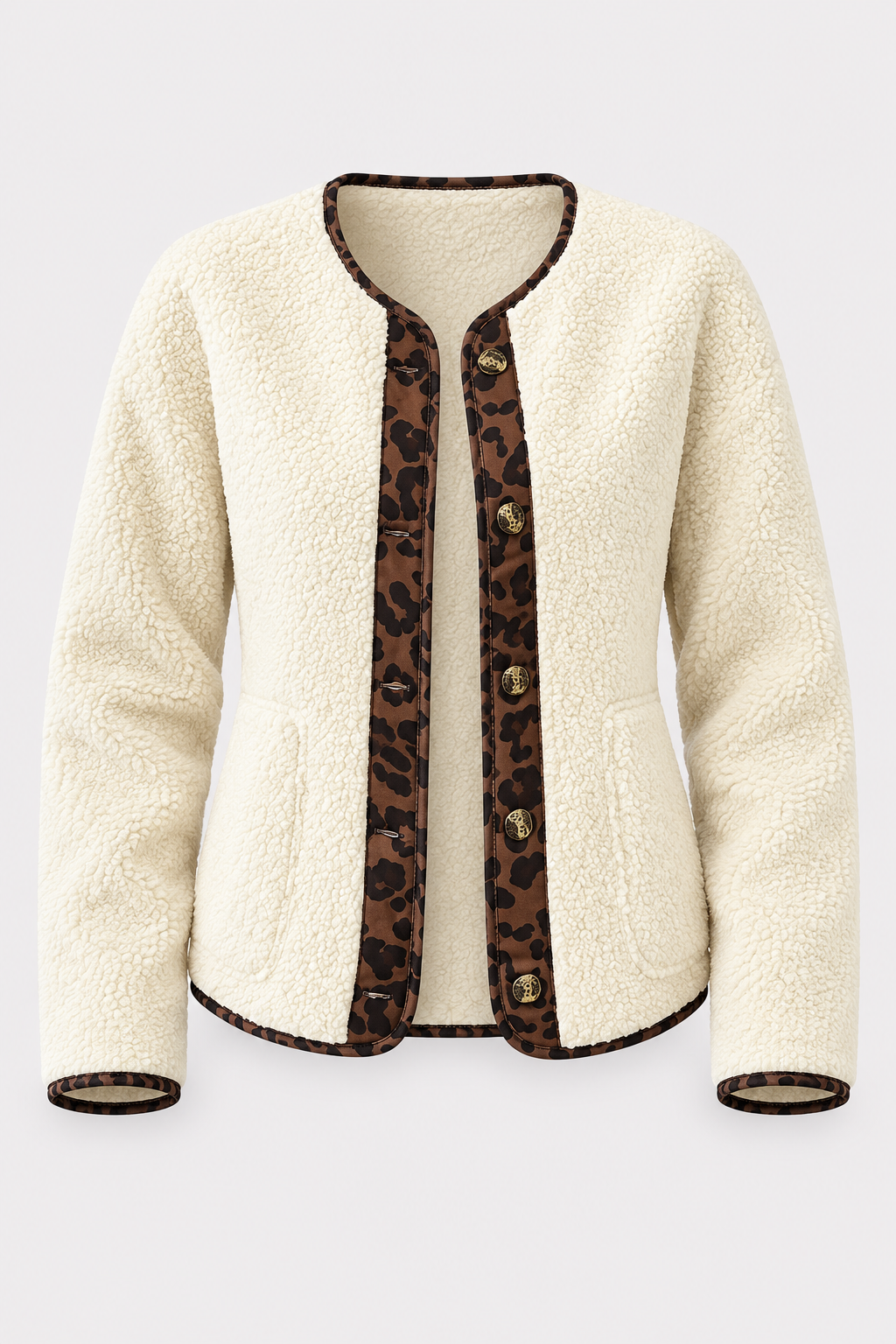 Beige Coat Leopard Print Stitching Open Front Layer - 7