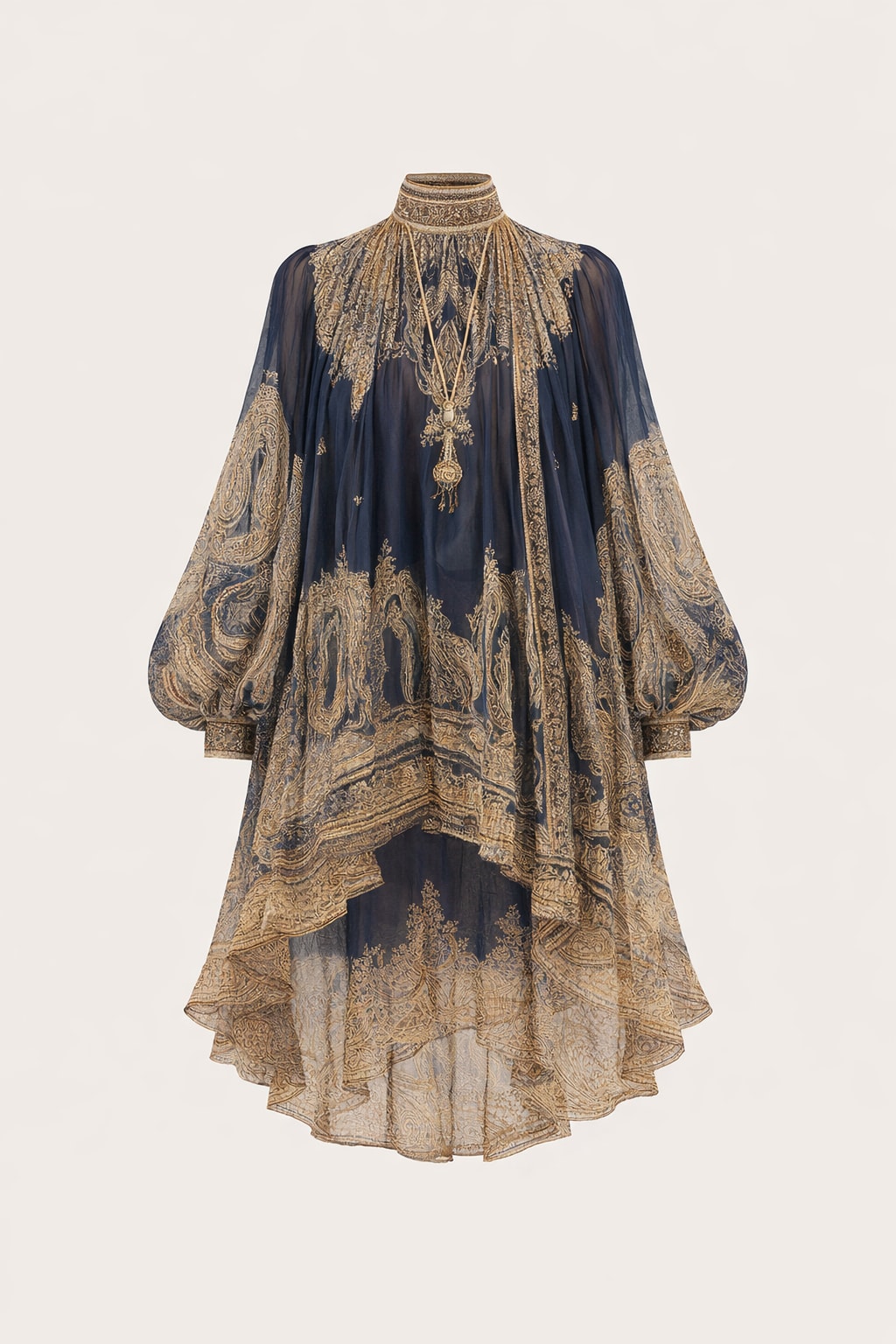 Navy chiffon dress with a gold paisley print, a beaded high neckband, full bishop sleeves with beaded cuffs and an asymmetric handkerchief hem