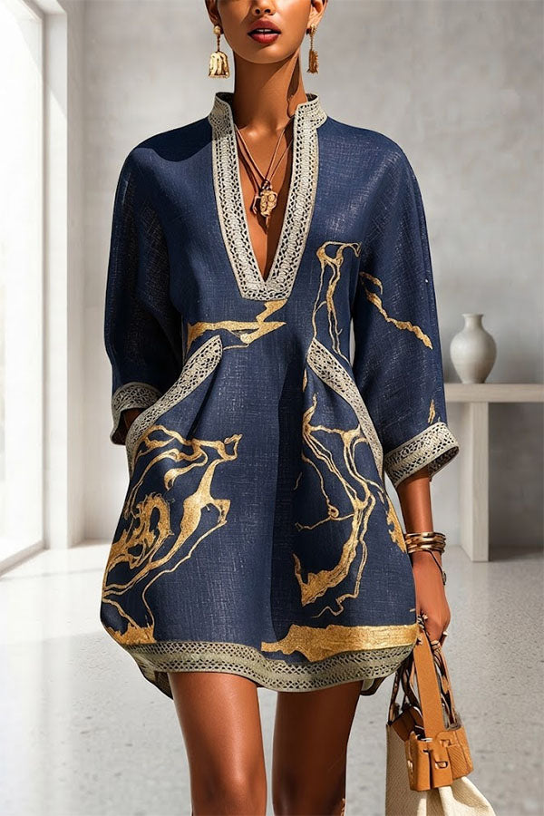 V-Neck Tunic Dress With Three-Quarter Sleeves - view 7