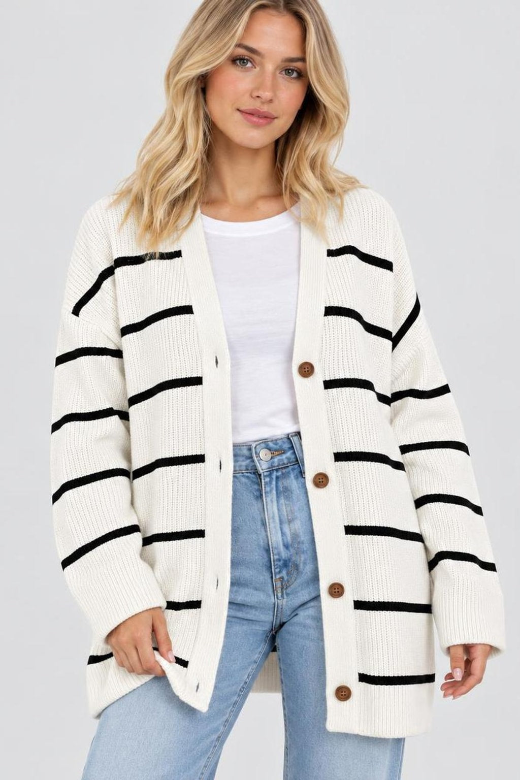 Striped Knit Cardigan With Button-Front Closure - 2