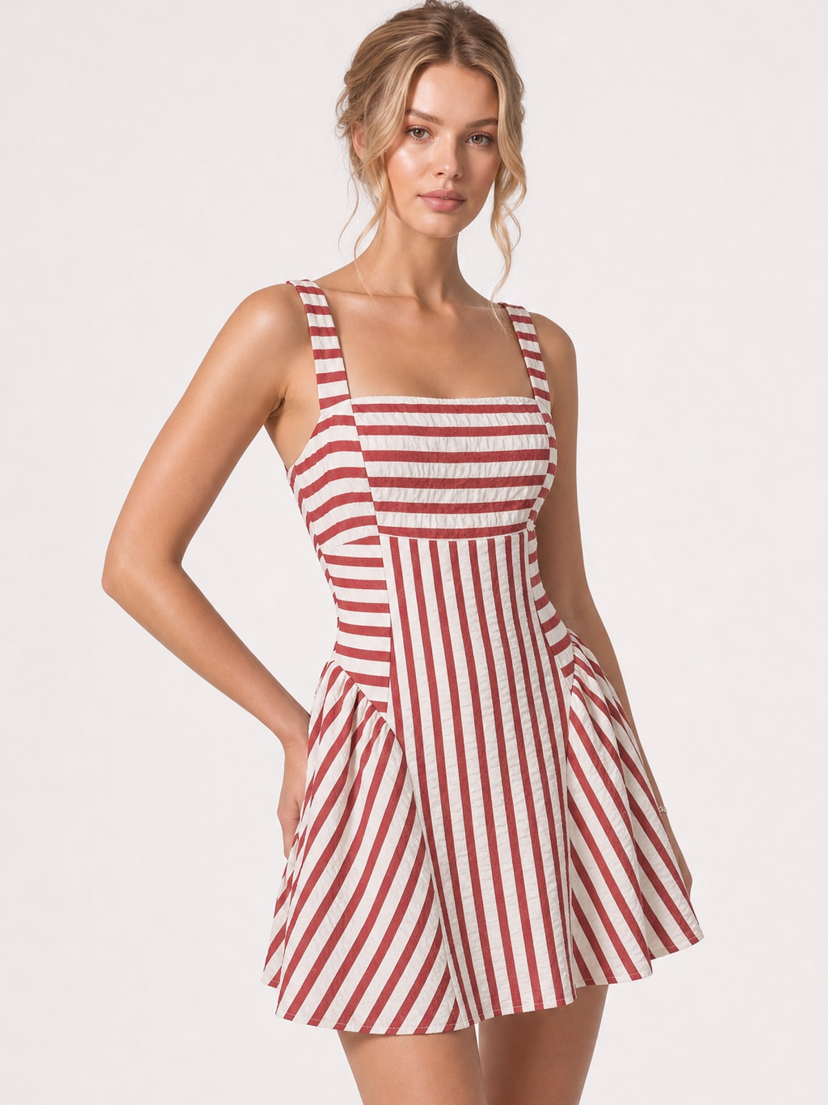 Polyester Striped Square-Neck Mini Dress - 7