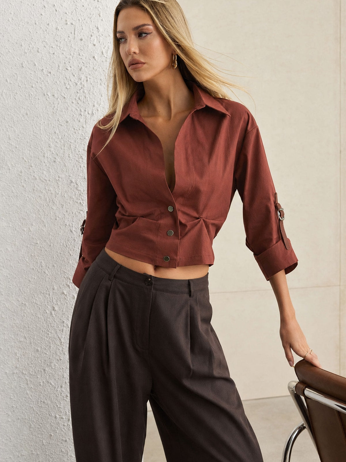 Cotton Ruched Button Short-Sleeve Shirt - 6