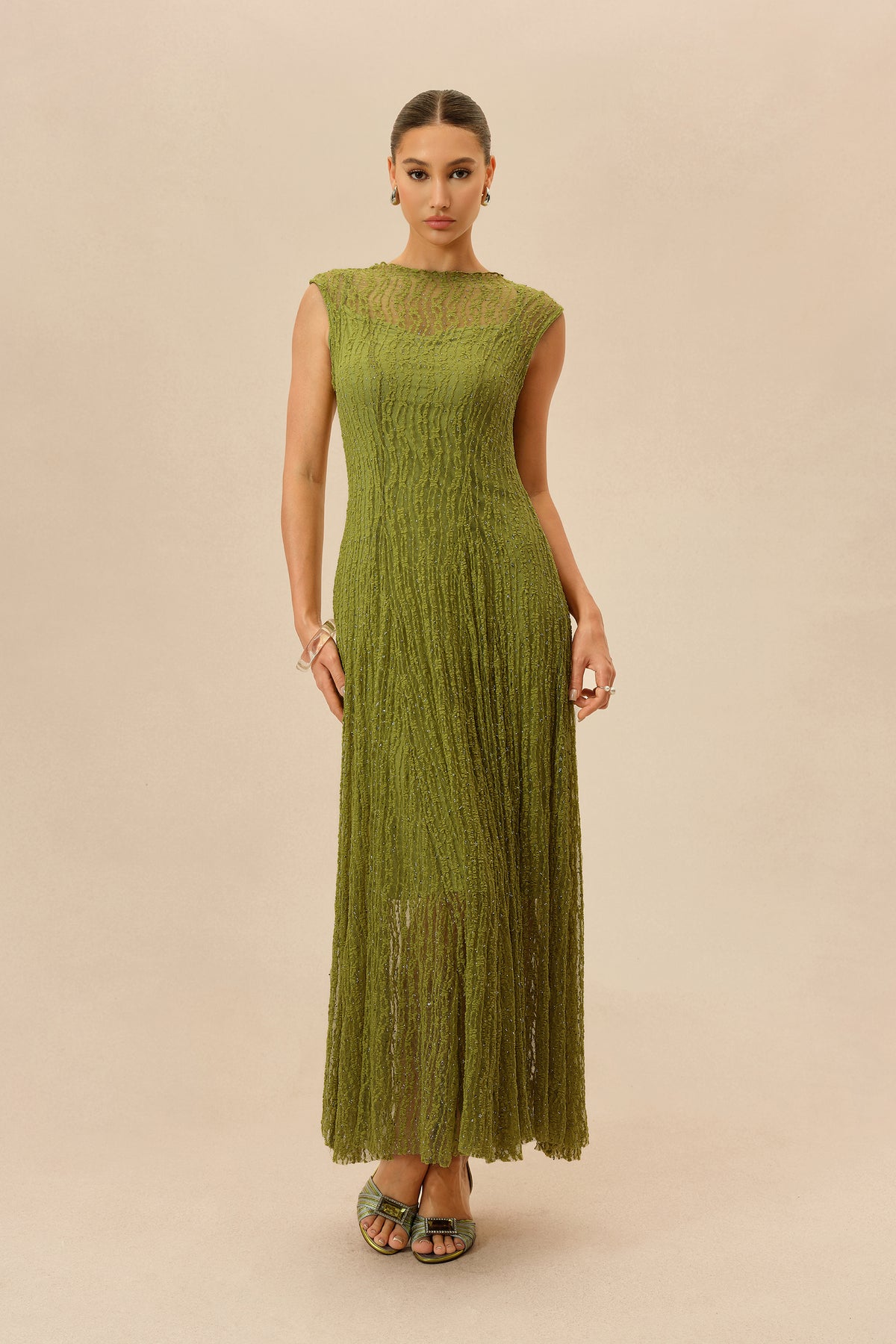 Rhinestone Mesh Maxi Dress Cap Sleeve Evening Gown With Slip Lining - 2