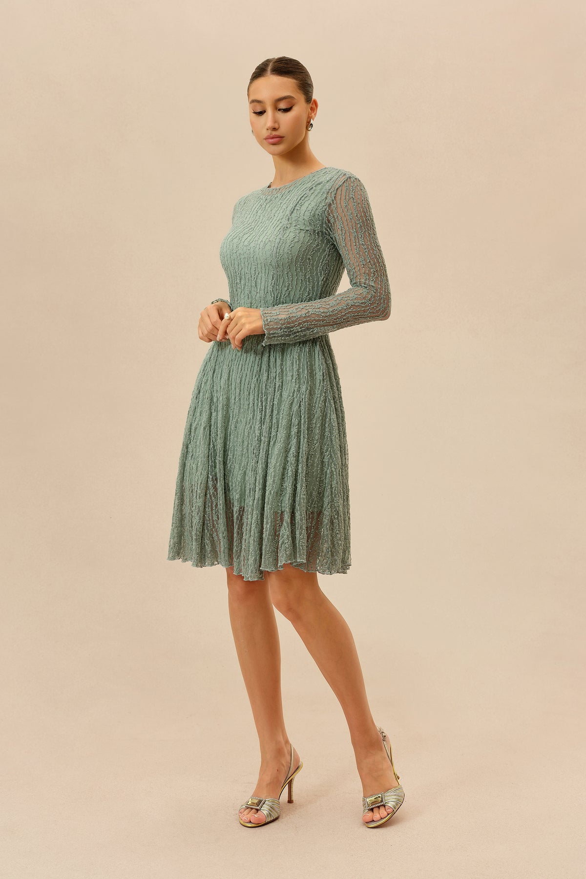 Mint Rhinestone Long Sleeve Midi Dress - view 5