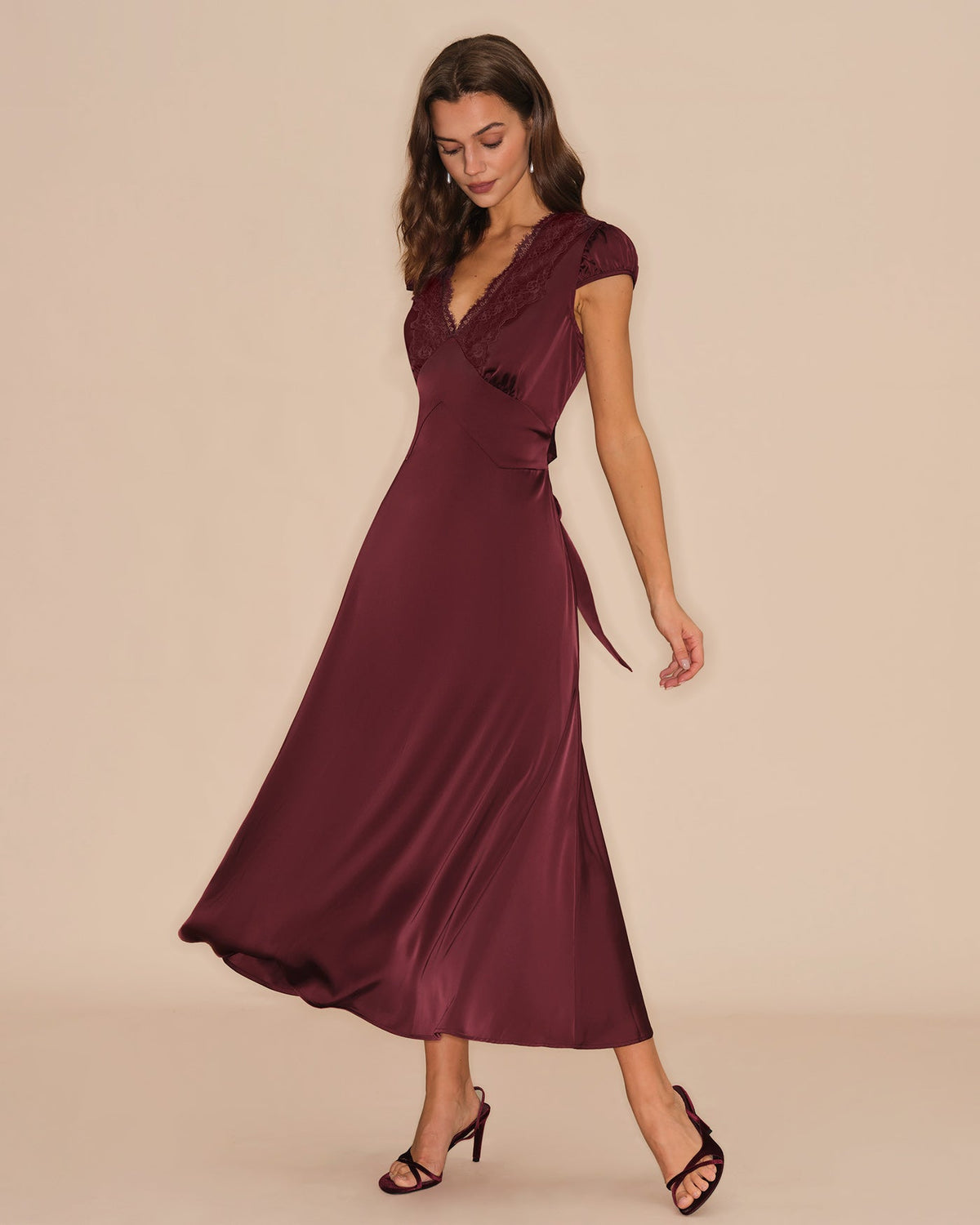 Wine red V-neck lace maxi dress - view 5
