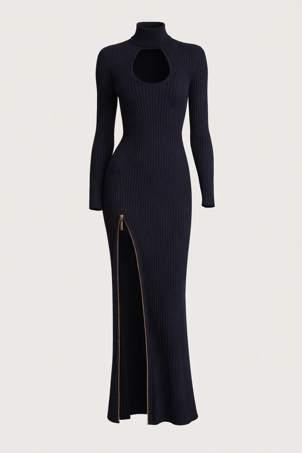 Polyester Ribbed Sweater Dress With Turtleneck Cutout - 1